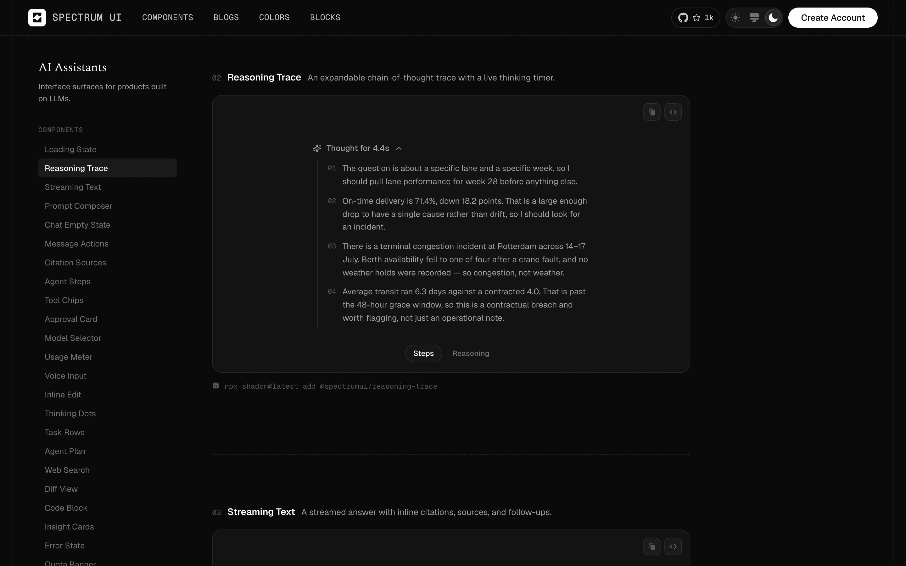 Spectrum UI ai blocks screenshot, dark mode