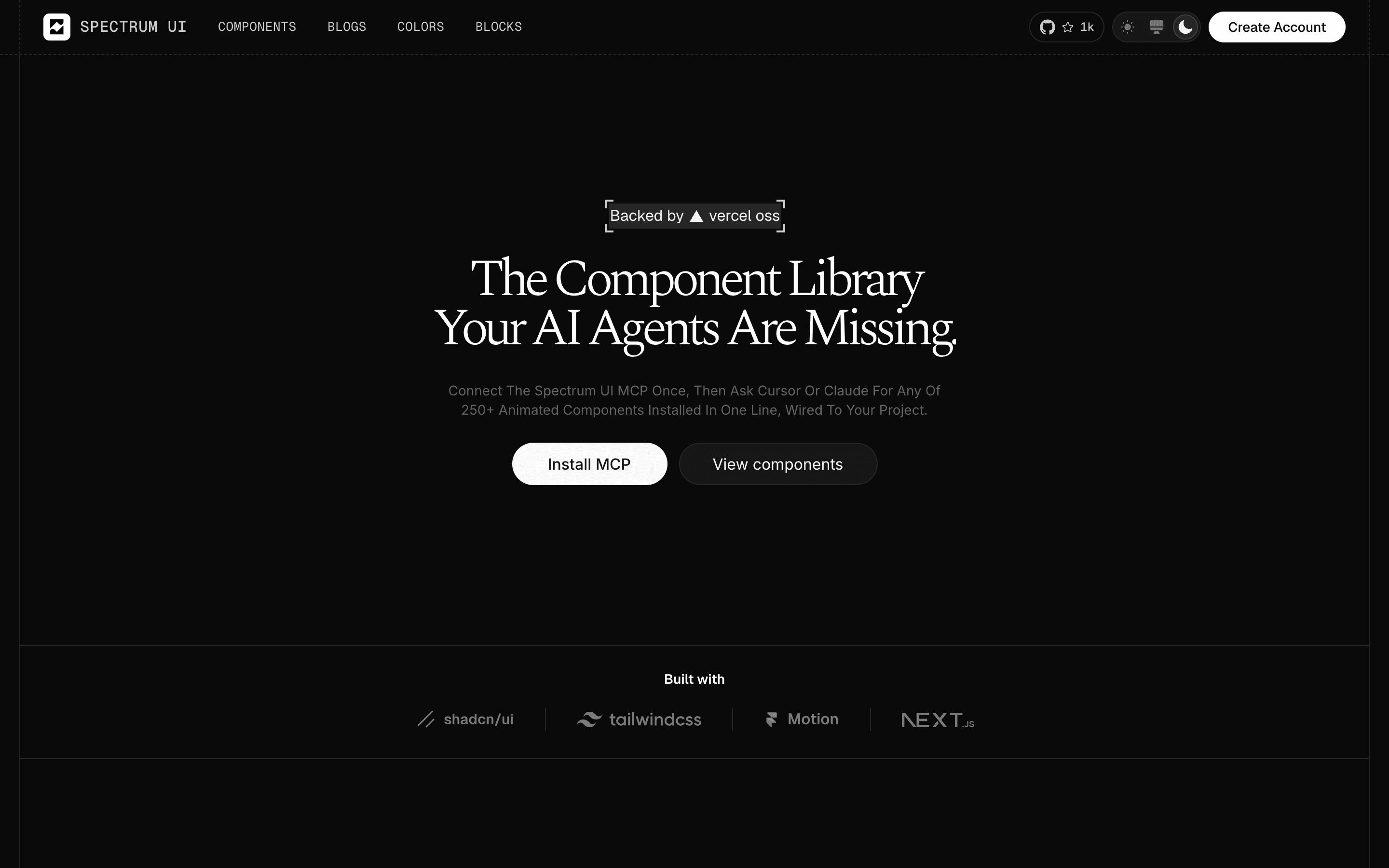 Spectrum UI homepage screenshot, dark mode