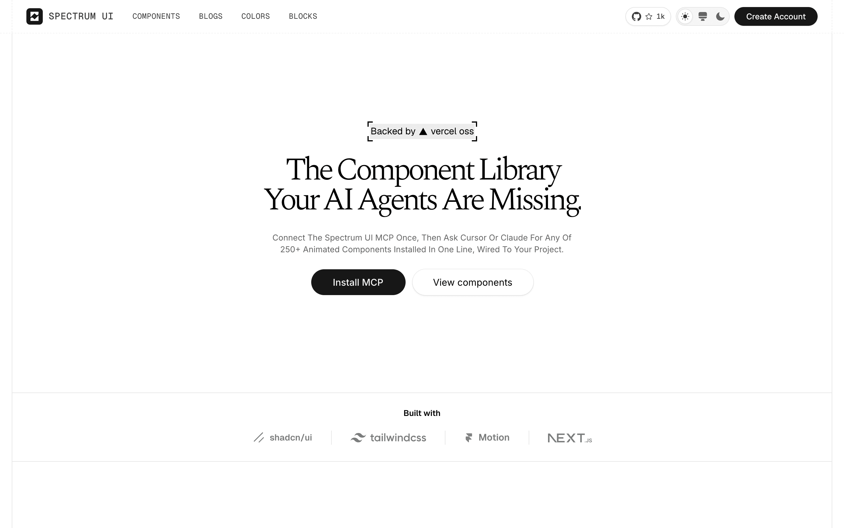 Spectrum UI homepage screenshot, light mode