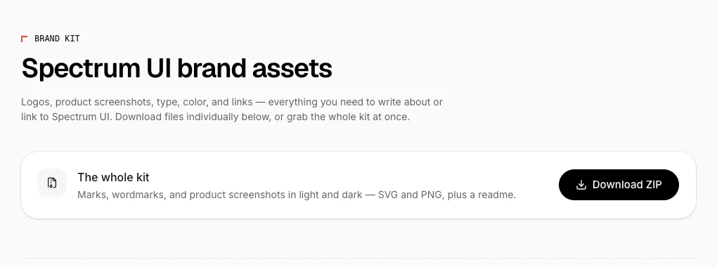 The Spectrum UI brand kit page with its download-the-whole-kit card.
