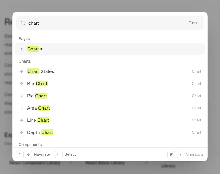 The Spectrum UI command menu open with a search for “chart”, showing matched results grouped by type.